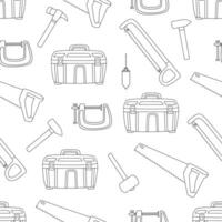 Seamless pattern with hand drawn carpentry tools including hand saws, toolboxes, hammers, mallets, clamps, and plumb bobs. Black outline illustration ideal for fabric, textile, coloring book vector