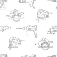 Seamless pattern of hand drawn power tools including jigsaws, drills, circular saws, and sanders. Black outline illustration perfect for fabric, wrapping paper, and coloring pages vector