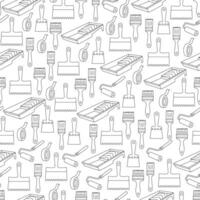 Seamless pattern with hand drawn painting tools including brushes, paint trays, rollers, masking tape, and scrapers. Black outline illustration perfect for fabric, textile, or coloring pages. vector
