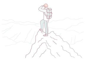 An adventurous explorer stands on a high peak, gazing at a vast and beautiful landscape vector