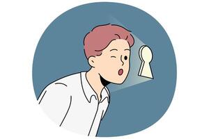 Curious business man looks through keyhole, wanting to find out corporate secrets vector