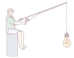 A Young Fisherman Holding a Bright Light Bulb in a Unique and Creative Setting Environment vector