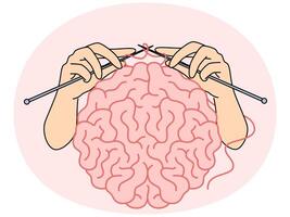 Human brain and hands with knitting needles, as metaphor for intellectual vector