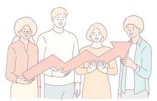 A Diverse Team Holding a Representation of Growth Arrow Symbolizing Their Ambitions vector