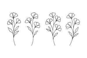 Set of Four Minimalist Botanical Line Art Illustrations Featuring Abstract Ginkgo-Inspired Floral Stems with Elegant Black-and-White Continuous Outlines vector