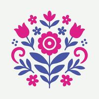 Symmetrical Folk Art Floral Motif in Fuchsia and Periwinkle on White Background vector
