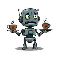 Overwhelmed Robot Clipart Serving Coffees With Both Hands - Funny Busy AI Character vector