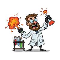 A Mad Scientist Clipart with Exploding Flasks - Funny Laboratory Experiment Concept vector