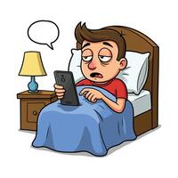 A Clipart of an Exhausted Man in Bed Using a Phone at Night with a Blank Speech Bubble for Customize Text - A Funny Insomnia Concept vector