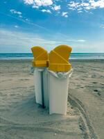 Containers for plastic waste are installed on the beach. The concept of the environment and separate waste collection. photo