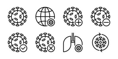 Virus and Infection Status Icon Set. Ideal for medical presentations, public health campaigns, and scientific research. Covers virus particles, global impact, test results, and affected organs. vector