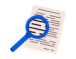 Hand drawn cute cartoon illustration of magnifying glass with text document. Flat optical tool sticker. Information research icon. Searching for answer. Database analysis. Isolated. vector