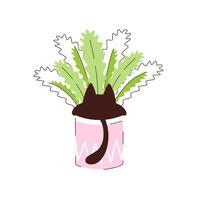 Funny black cat in a flower pot hiding view from behind. Pets and potted plants in pots vector