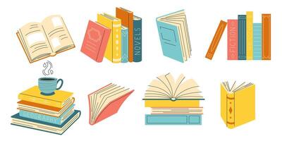 collection of various stacks and piles of books. set of open and closed books. Educational theme. scientific and fiction literature isolated on white background vector