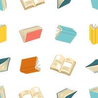 Seamless pattern of books. Cute hand drawn different stacks and piles of books, open and closed books isolated on white background. vector