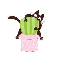 funny black cat sits on top of a cactus and bites it. Pets and HousePlants in Pots vector