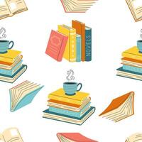 Seamless pattern with Cute hand drawn different stacks and piles of books, open and closed books isolated on white background. vector