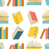 Seamless pattern with hand drawn different stacks and piles of books, open and closed books isolated on white background. vector
