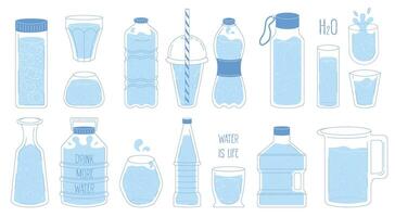 Collection of bottles, glasses, carafes, water jars in different shapes and styles. Set of plastic and glass containers for liquids in blue color. Flat contour style with textures vector