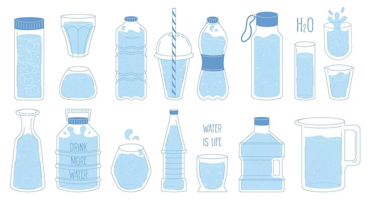 Collection of bottles, glasses, carafes, water jars in different shapes and styles. Set of plastic and glass containers for liquids in blue color. Flat contour style with textures