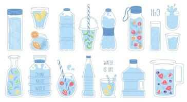 collection of bottles, glasses, decanters, jars of water, fruit and herbs in different shapes. Set of plastic and glass containers with refreshing drinks in blue color. Flat with textures vector