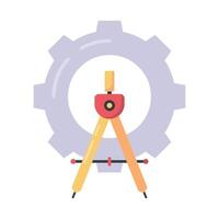 Flat icon of a gear and compass indicating precision engineering and mechanical design. vector