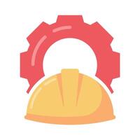 Icon of a yellow hard hat in front of a gear, representing safety and machinery in engineering vector