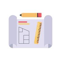 Flat icon of a blueprint paper with a pencil and ruler, used in planning and drafting engineering designs vector