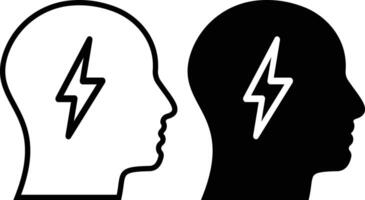 Head with ideas icon set. two black and white silhouettes of a head with a lightning bolt. illustration of idea in human head. vector
