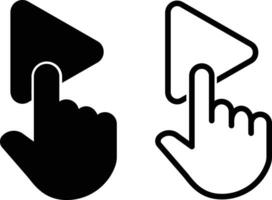 Play icon set. two black and white hand pointing to a button. Symbol isolated white background. Silhouette and Line Icon . in modern design vector