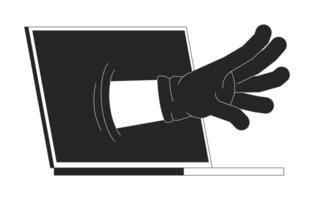 Cyber threat gloved hand reaching from laptop outline illustration. Hacking attempt. Online breach. Unauthorized access. Digital crime isolated 2D image black and white. Linear drawing clip art vector