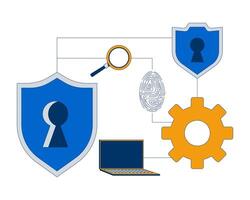 Cybersecurity icons connected network 2D illustration concept. Shields with keyholes, fingerprint, magnifying glass, laptop, gear cartoon composition isolated on white. Flat abstract metaphor vector