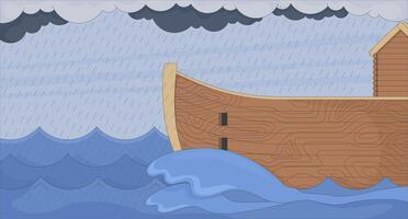 Wooden ark floating on choppy waves in rainstorm flat illustration background. Biblical flood. Storm clouds and rainfall, ancient boat ship sailing 2D cartoon backdrop. Colorful scene art image vector