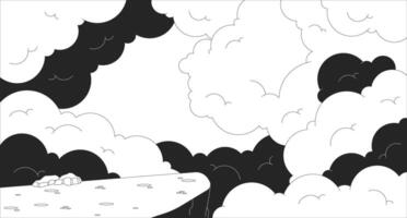Rocky cliff edge against sky with heavenly fluffy clouds line illustration backdrop. Divine heaven. Dreamy cloudscape fantasy landscape 2D ink outline monochrome background. Lineart vector