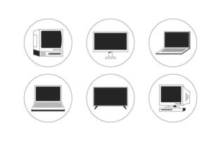 Computers, monitors in circular icons 2D line objects set. CRT display, television flat screen minimalist circles isolated cliparts ink outline items. Monochrome spot illustrations collection vector