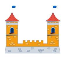 Castle fortress with two towers 2D cartoon object. Fantasy stronghold. Secure fort fortification. Medieval historical architecture isolated element flat clip art on white. Spot illustration vector