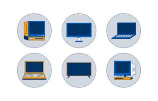 Computers and monitors in circular icons 2D cartoon objects set. CRT display, television flat screen minimalist circles isolated elements flat clip arts on white. Spot illustrations collection vector