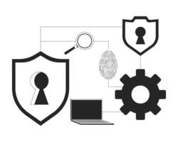 Cybersecurity icons connected network line illustration concept. Shields with keyholes, fingerprint, magnifying glass, laptop, gear outline 2D composition isolated. Ink linear metaphor art vector