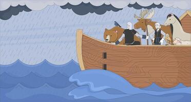 Noah ark sailing through storm with animals 2D cartoon animation. Bible story. Old testament. Deluge myth. Biblical flood rainfall animated flat bible characters 4K background scene storytelling vector