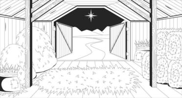 Empty stable interior with straw and star of Bethlehem line illustration backdrop. Peaceful barn biblical. Rustic nativity manger in holy night 2D ink outline monochrome background. Lineart vector