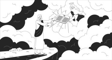 God giving Moses ten commandments line illustration. Biblical law. Old testament. Hebrew prophet receiving stone tablets 2D ink linear bible characters monochrome. Flat outline image vector