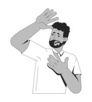 Frightened black man with beard shielding face with hand 2D line character. Anxiety, panic reaction. Scared african american male isolated ink outline person. Monochromatic spot illustration vector