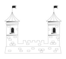 Castle fortress with two towers 2D line object. Fantasy stronghold. Secure fort fortification. Medieval historical architecture isolated clipart ink outline item. Monochrome spot illustration vector