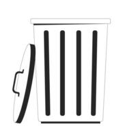 Metal trash can with open lid 2D line object. Garbage bin. Delete icon. Waste disposal. Junk container. Dustbin trashcan isolated clipart ink outline item. Monochrome spot illustration vector