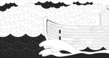 Wooden ark floating on choppy waves in rainstorm line illustration backdrop. Biblical flood. Storm clouds and rainfall, ancient boat ship sailing 2D ink outline monochrome background. Lineart vector