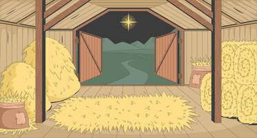 Empty stable interior with straw and star of Bethlehem flat illustration background. Peaceful barn biblical. Rustic nativity manger in holy night 2D cartoon backdrop. Colorful scene art image vector
