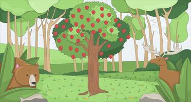 Garden apple tree with forest animals flat illustration background. Woodland bear and deer peeking through lush greenery, appletree Eden biblical 2D cartoon backdrop. Colorful scene art image vector