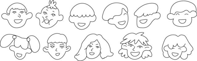 cute kids portrait set in linear doodle style vector