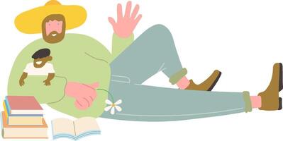 father reading with kid in colored doodle vector