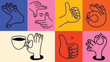 set of minimal linear icons with hand gestures and signs. Stylish hand-drawn elements for posters, prints, branding, and social media stickers. vector